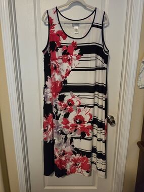 Catherines Black & White Striped Midi Dress with Pink Floral Print